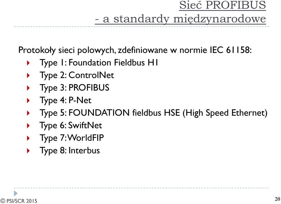 ControlNet Type 3: PROFIBUS Type 4: P-Net Type 5: FOUNDATION fieldbus
