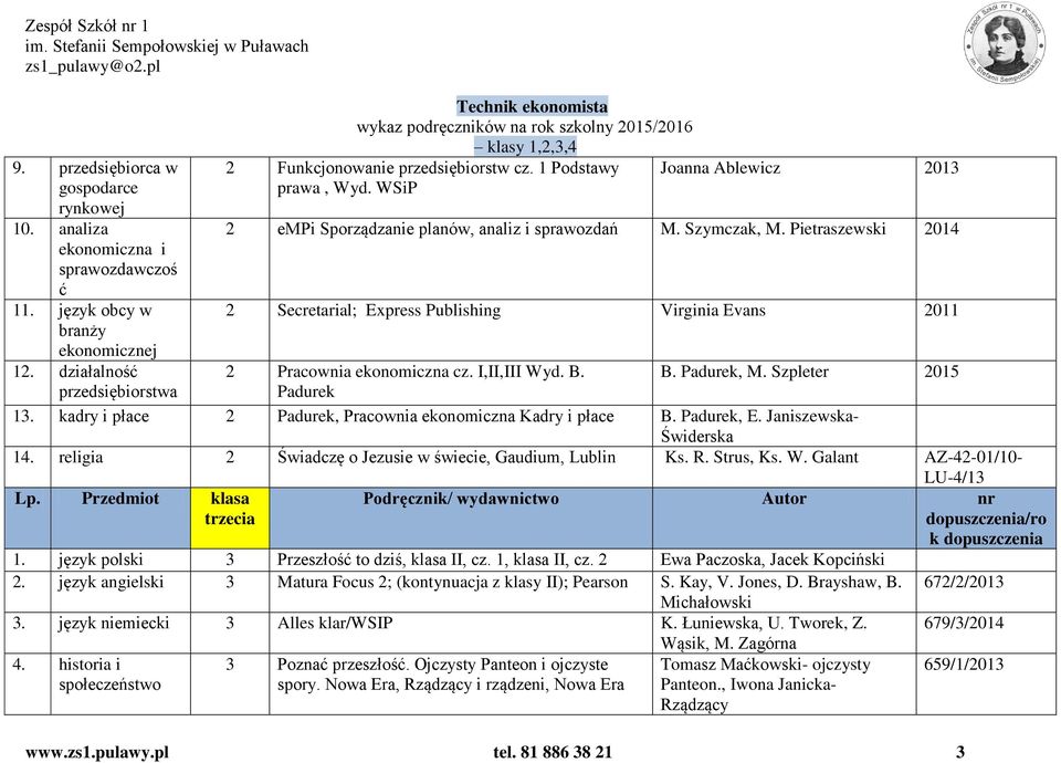 Pietraszewski 2014 2 Secretarial; Express Publishing Virginia Evans 2011 2 Pracownia ekonomiczna cz. I,II,III Wyd. B. Padurek B. Padurek, M. Szpleter 2015 13.