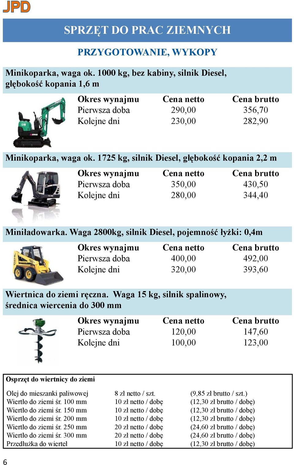 1725 kg, silnik Diesel, głębokość kopania 2,2 m Pierwsza doba 350,00 430,50 Kolejne dni 280,00 344,40 Miniładowarka.