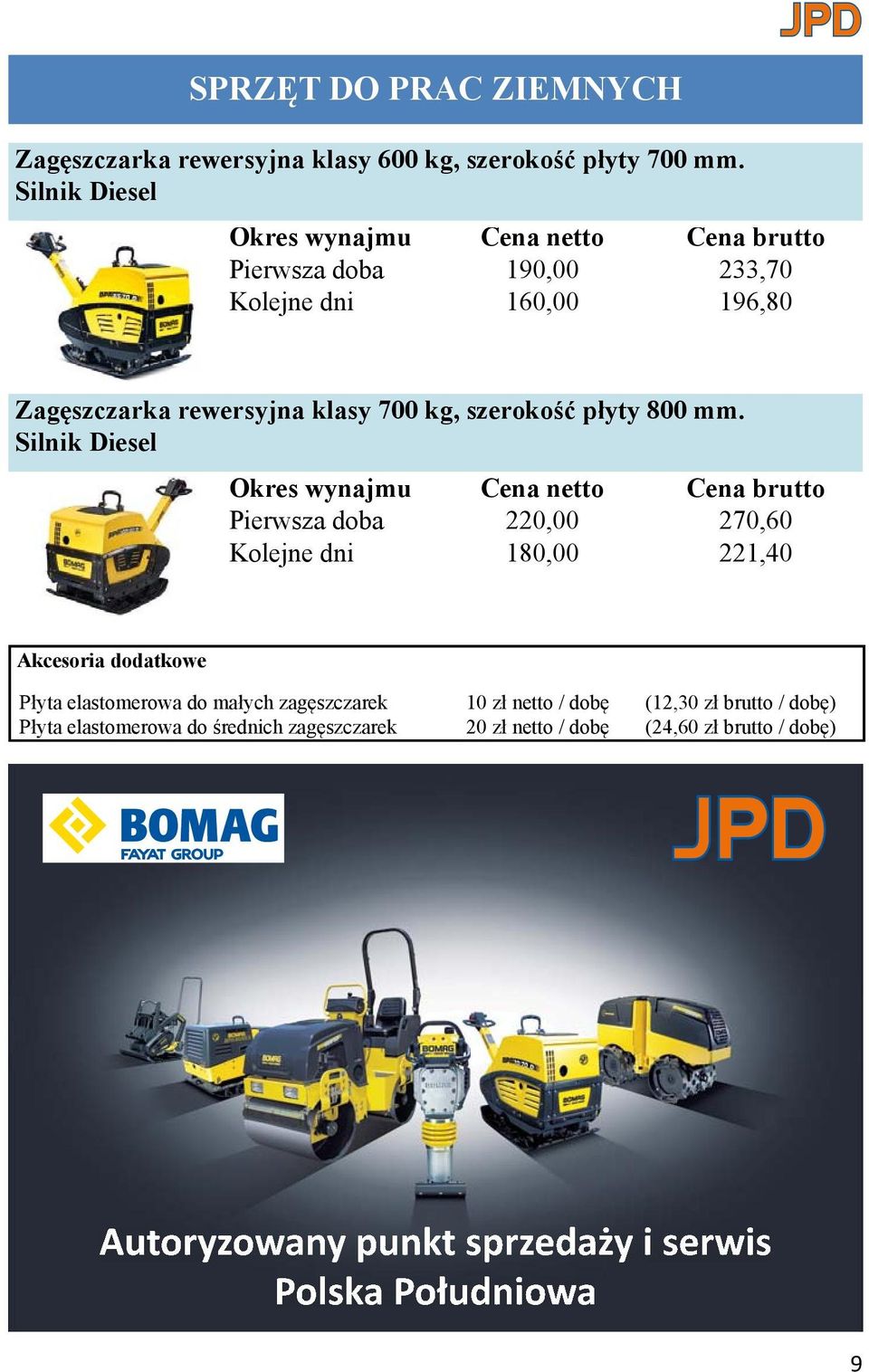 Silnik Diesel Pierwsza doba 220,00 270,60 Kolejne dni 180,00 221,40 Akcesoria dodatkowe Płyta elastomerowa do małych zagęszczarek