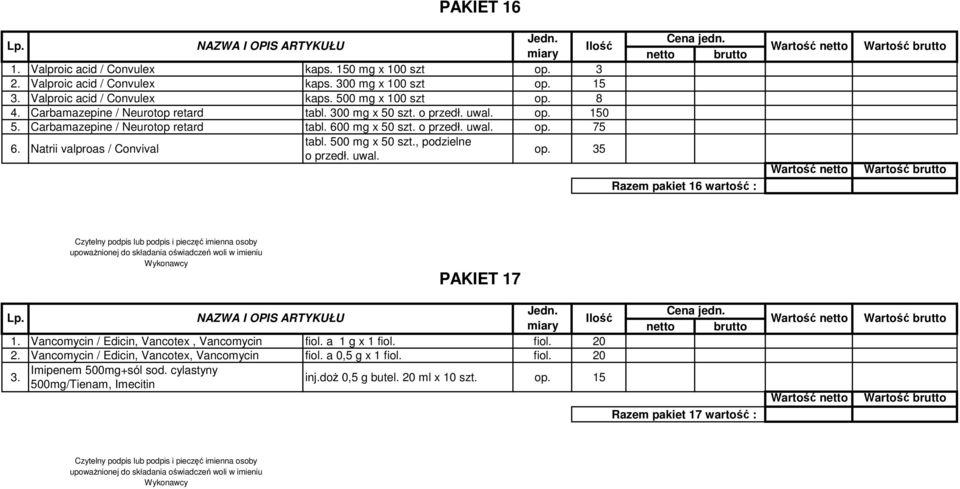 Natrii valproas / Convival tabl. 500 mg x 50 szt., podzielne o przedł. uwal. op. 35 Razem pakiet 16 wartość : PAKIET 17 1. Vancomycin / Edicin, Vancotex, Vancomycin fiol. a 1 g x 1 fiol.