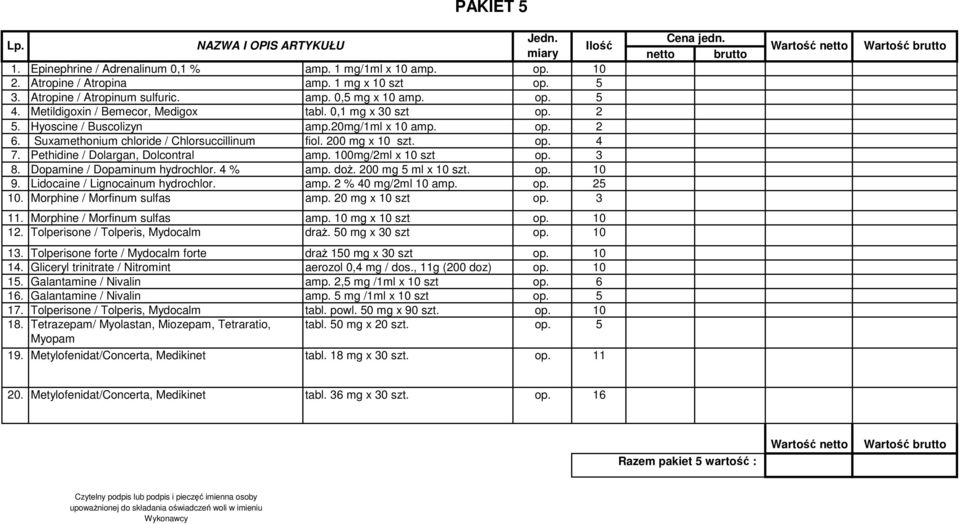 Pethidine / Dolargan, Dolcontral amp. 100mg/2ml x 10 szt op. 3 8. Dopamine / Dopaminum hydrochlor. 4 % amp. doż. 200 mg 5 ml x 10 szt. op. 10 9. Lidocaine / Lignocainum hydrochlor. amp. 2 % 40 mg/2ml 10 amp.