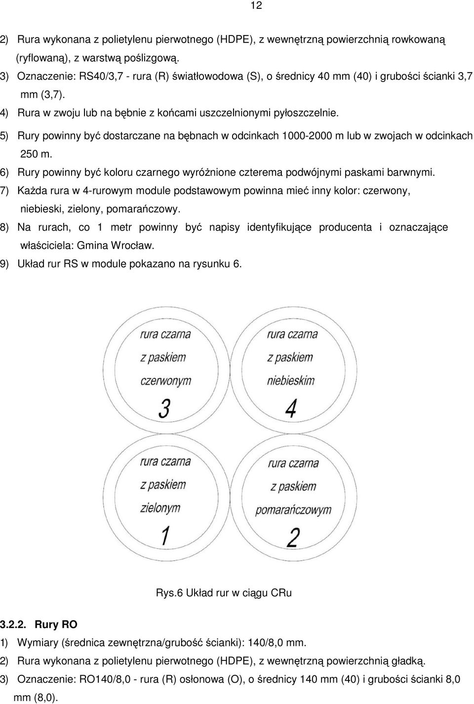 5) Rury powinny być dostarczane na bębnach w odcinkach 1000-2000 m lub w zwojach w odcinkach 250 m. 6) Rury powinny być koloru czarnego wyróżnione czterema podwójnymi paskami barwnymi.