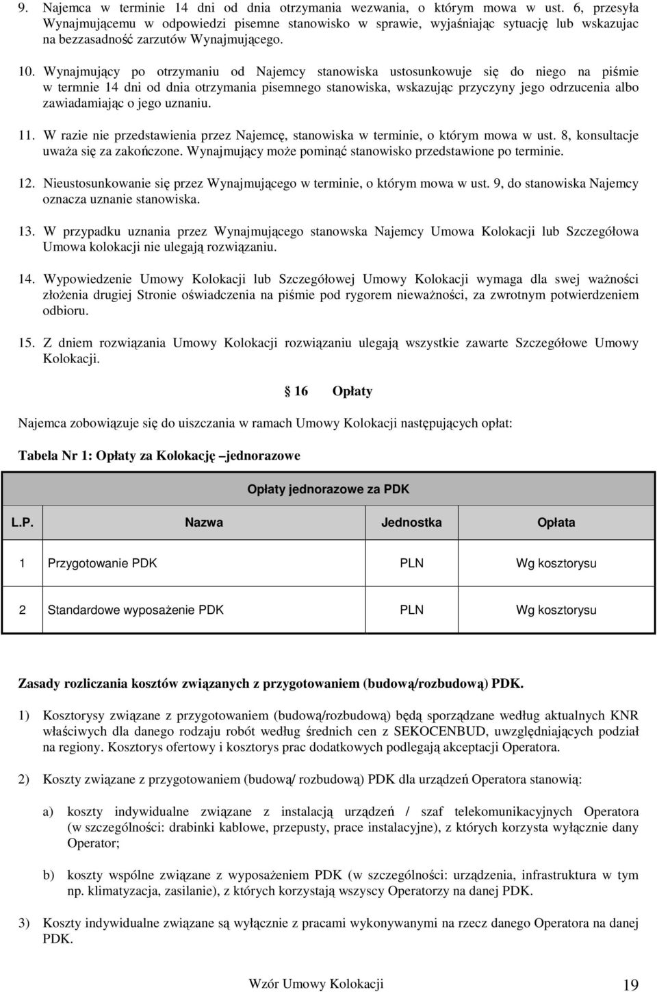 Wynajmujący po otrzymaniu od Najemcy stanowiska ustosunkowuje się do niego na piśmie w termnie 14 dni od dnia otrzymania pisemnego stanowiska, wskazując przyczyny jego odrzucenia albo zawiadamiając o