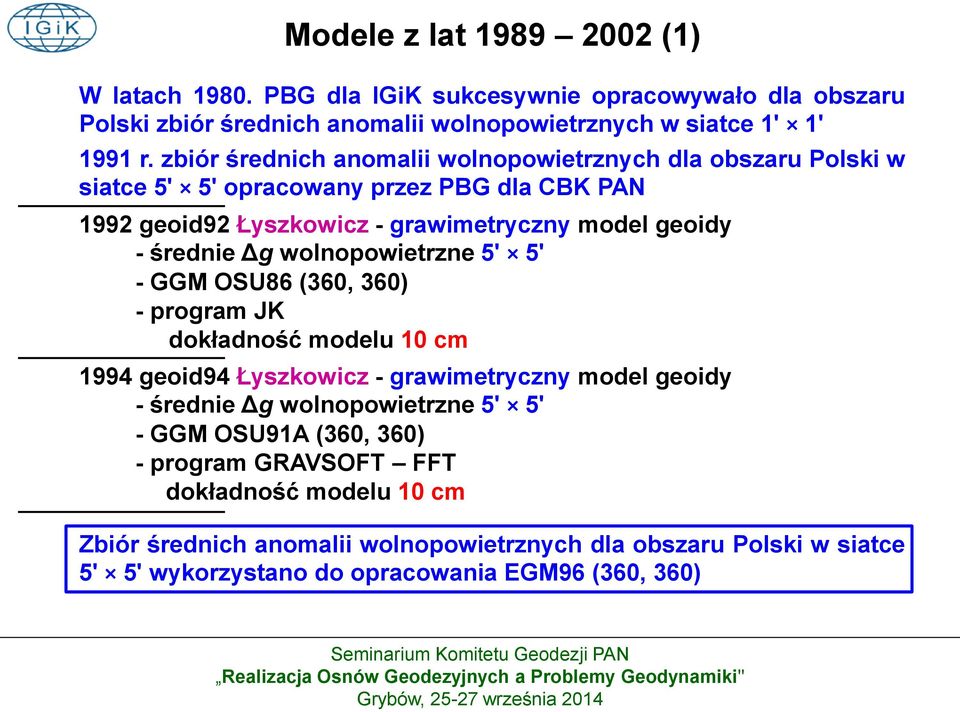 wolnopowietrzne 5' 5' - GGM OSU86 (360, 360) - program JK dokładność modelu 10 cm 1994 geoid94 Łyszkowicz - grawimetryczny model geoidy - średnie Δg wolnopowietrzne 5' 5' -