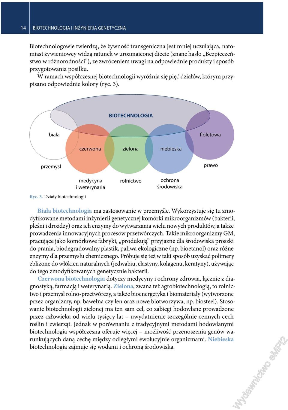 W ramach współczesnej biotechnologii wyróżnia się pięć działów, którym przypisano odpowiednie kolory (ryc. 3)