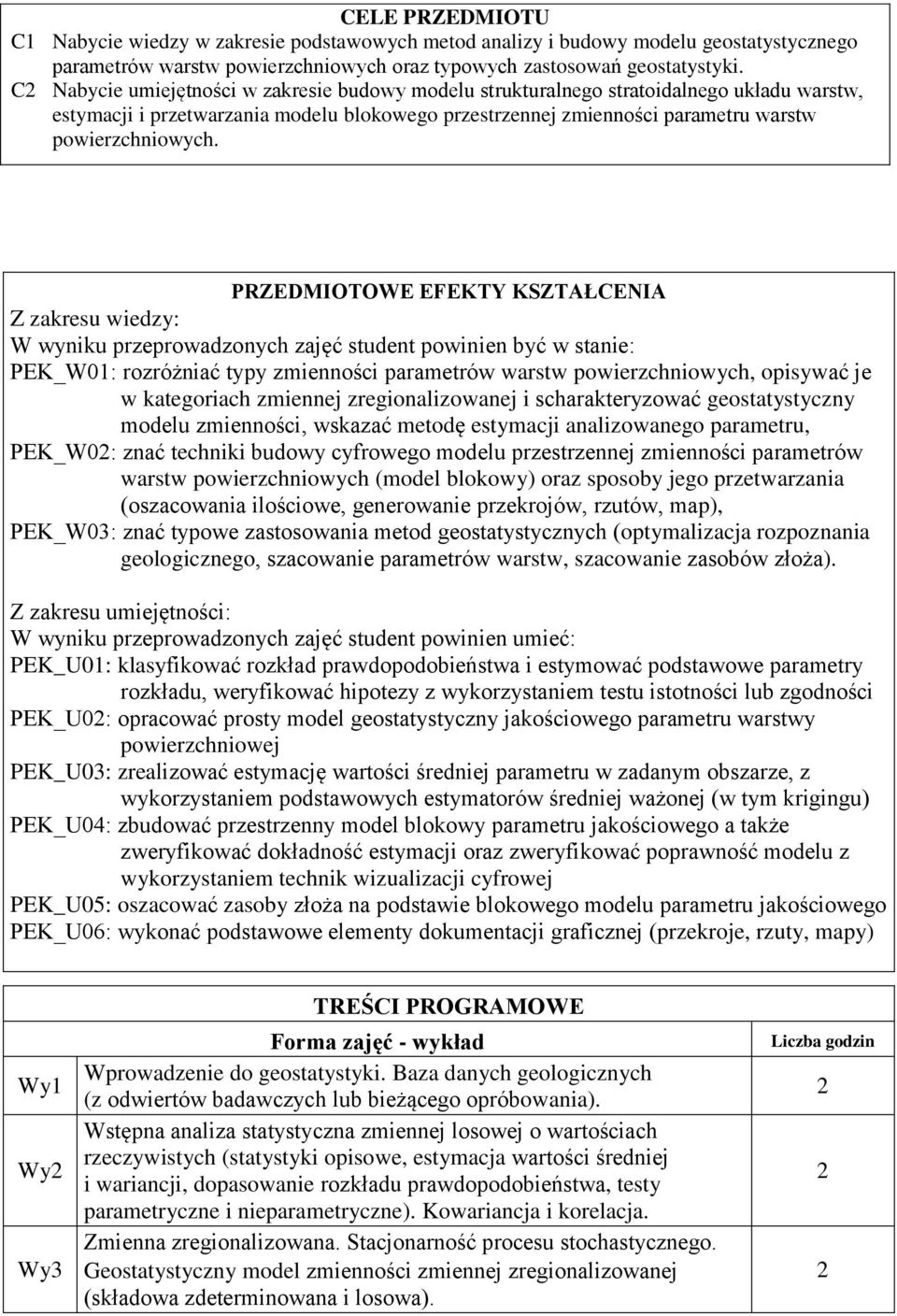 PRZEDMIOTOWE EFEKTY KSZTAŁCENIA Z zakresu wiedzy: W wyniku przeprowadzonych zajęć student powinien być w stanie: PEK_W01: rozróżniać typy zmienności parametrów warstw powierzchniowych, opisywać je w