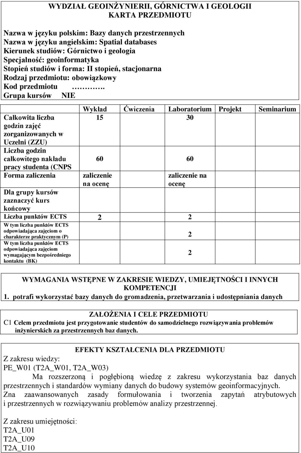 Grupa kursów NIE Całkowita liczba godzin zajęć zorganizowanych w Uczelni (ZZU) całkowitego nakładu pracy studenta (CNPS Forma zaliczenia Wykład Ćwiczenia Laboratorium Projekt Seminarium 15 30 60 60