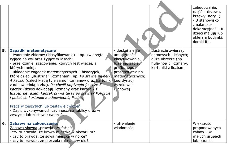 Po stawie płynęły 4 kaczki (dzieci kładą tyle samo liczmanów oraz kartonik z odpowiednią liczbą). Po chwili dopłynęło jeszcze 5 kaczek (dzieci dokładają liczmany oraz kartonik z liczbą).