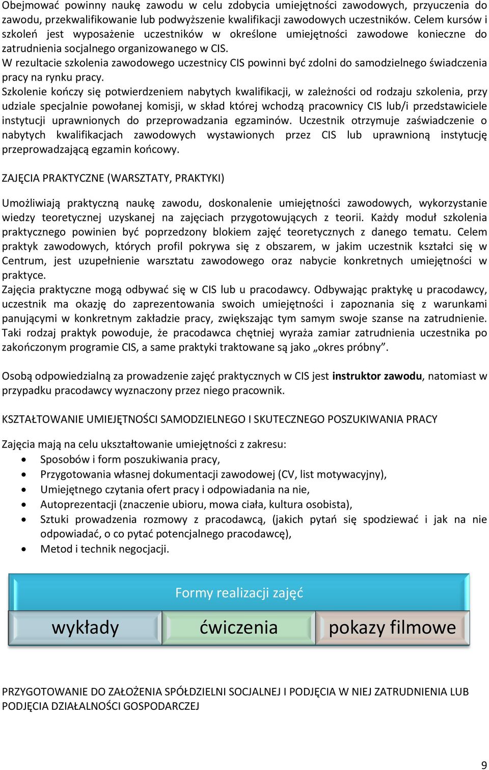 W rezultacie szkolenia zawodowego uczestnicy CIS powinni być zdolni do samodzielnego świadczenia pracy na rynku pracy.