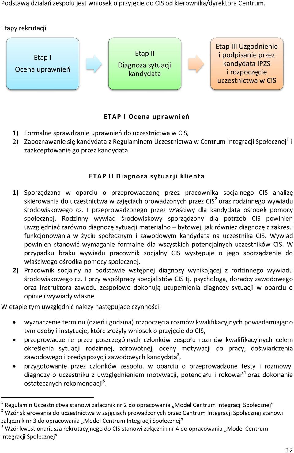 sprawdzanie uprawnień do uczestnictwa w CIS, 2) Zapoznawanie się kandydata z Regulaminem Uczestnictwa w Centrum Integracji Społecznej 1 i zaakceptowanie go przez kandydata.