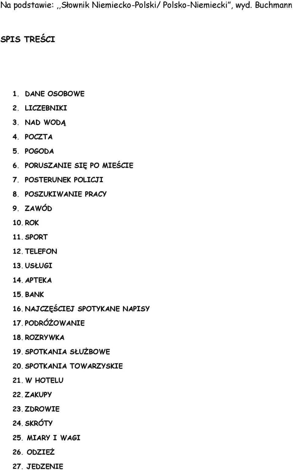 SPORT 12. TELEFON 13. USŁUGI 14. APTEKA 15. BANK 16. NAJCZĘŚCIEJ SPOTYKANE NAPISY 17. PODRÓŻOWANIE 18. ROZRYWKA 19.