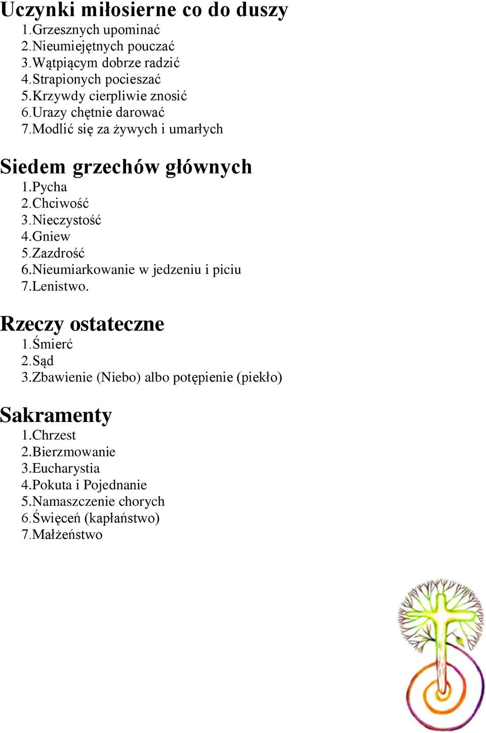 Nieczystość 4.Gniew 5.Zazdrość 6.Nieumiarkowanie w jedzeniu i piciu 7.Lenistwo. Rzeczy ostateczne 1.Śmierć 2.Sąd 3.