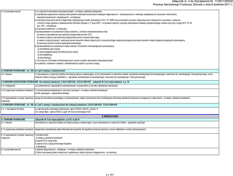 oraz pozostałych procedur diagnostycznych związanych z procedurą orzekania o śmierci mózgu zgodnie z obwieszczeniem Ministra Zdrowia z 17 lipca 2007 r.