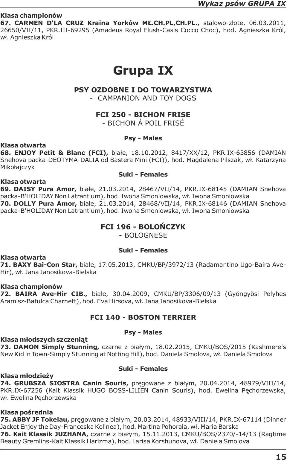 2012, 8417/XX/12, PKR.IX-63856 (DAMIAN Snehova packa-deotyma-dalia od Bastera Mini (FCI)), hod. Magdalena Pilszak, wł. Katarzyna Mikołajczyk 69. DAISY Pura Amor, białe, 21.03.2014, 28467/VII/14, PKR.