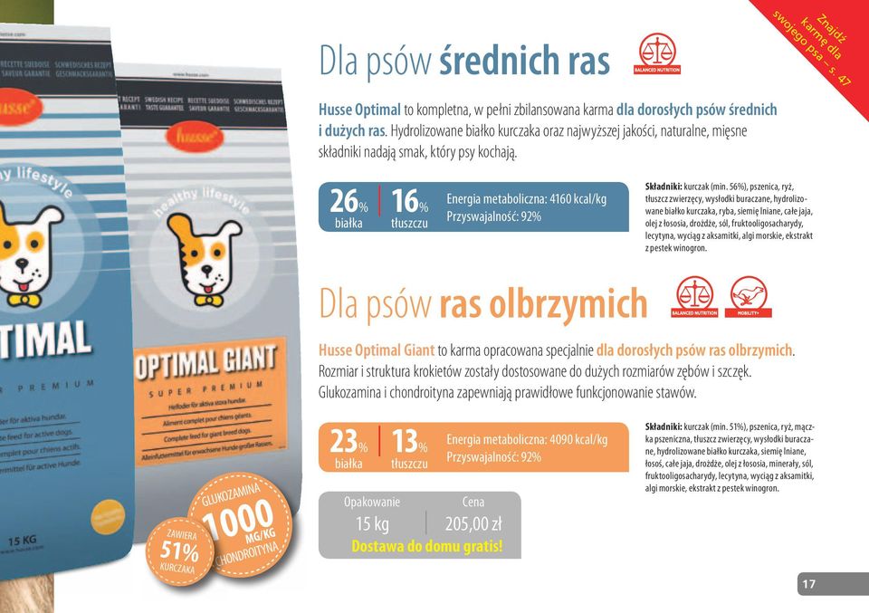 26% białka 16% tłuszczu Energia metaboliczna: 4160 kcal/kg Przyswajalność: 92% Dla psów ras olbrzymich Składniki: kurczak (min.