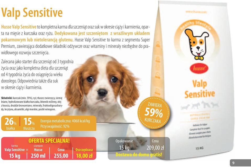 Husse Valp Sensitive to karma z segmentu Super Premium, zawierająca dodatkowe składniki odżywcze oraz witaminy i minerały niezbędne do prawidłowego rozwoju szczenięcia.