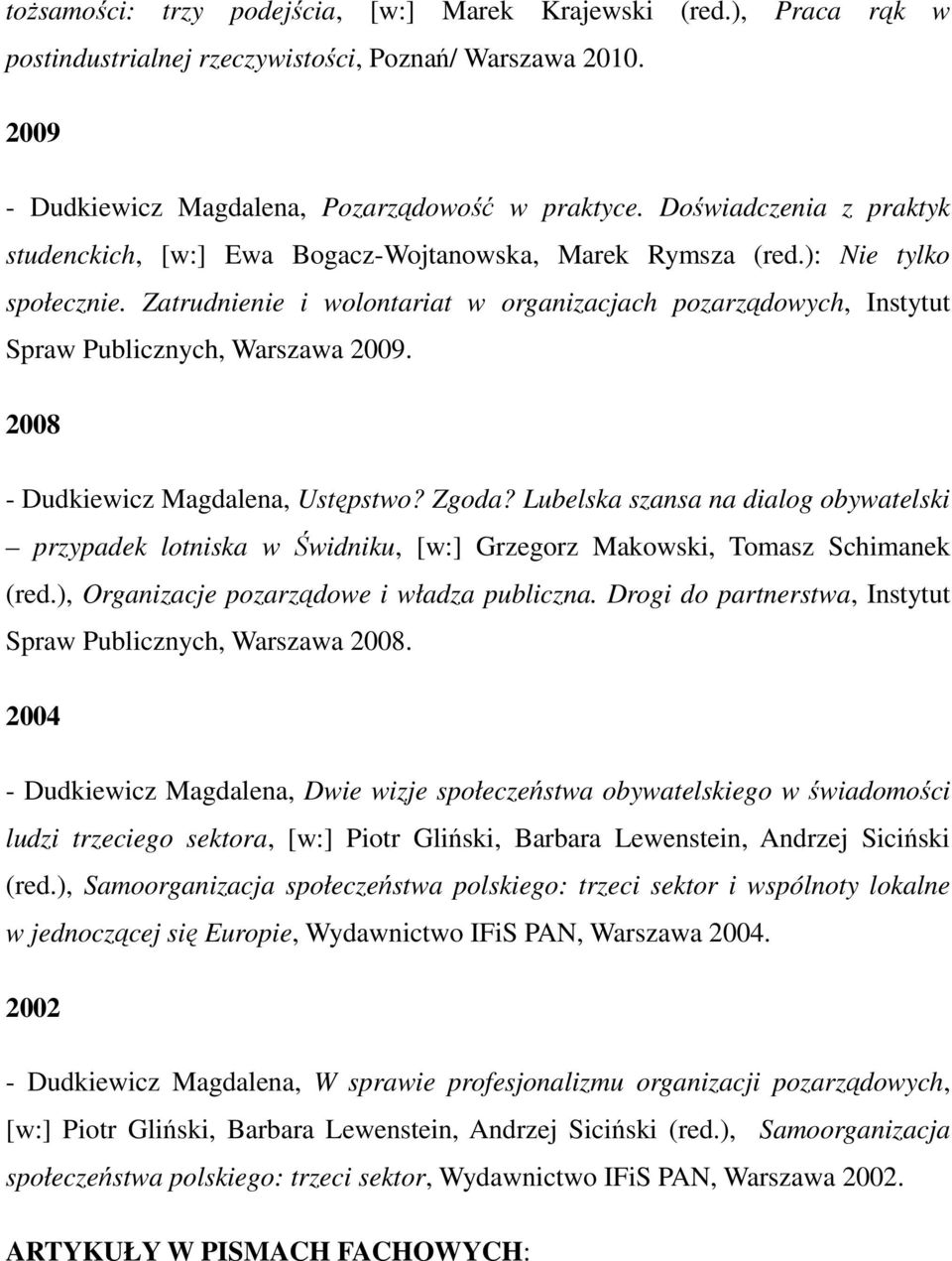 Zatrudnienie i wolontariat w organizacjach pozarządowych, Instytut Spraw Publicznych, Warszawa 2009. 2008 - Dudkiewicz Magdalena, Ustępstwo? Zgoda?