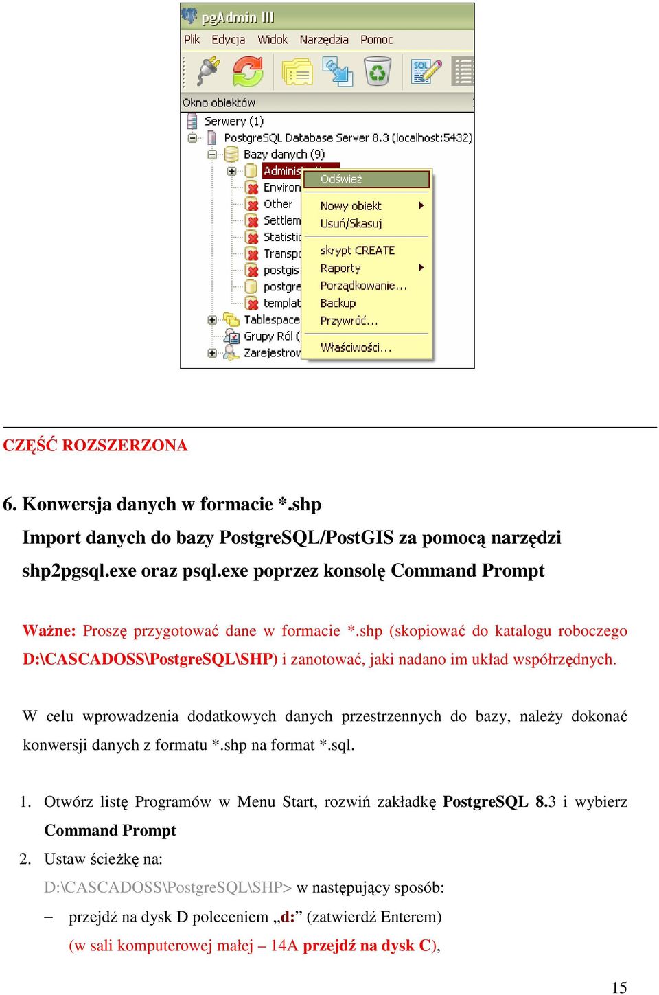 shp (skopiować do katalogu roboczego D:\CASCADOSS\PostgreSQL\SHP) i zanotować, jaki nadano im układ współrzędnych.