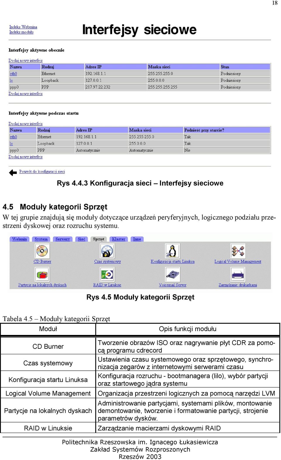 5 Moduły kategorii Sprzęt Moduł Opis funkcji modułu CD Burner Czas systemowy Konfiguracja startu Linuksa Logical Volume Management Partycje na lokalnych dyskach RAID w Linuksie Tworzenie obrazów ISO