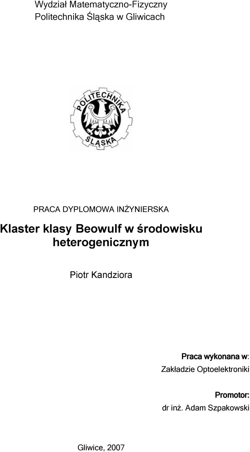 środowisku heterogenicznym Piotr Kandziora Praca wykonana w: