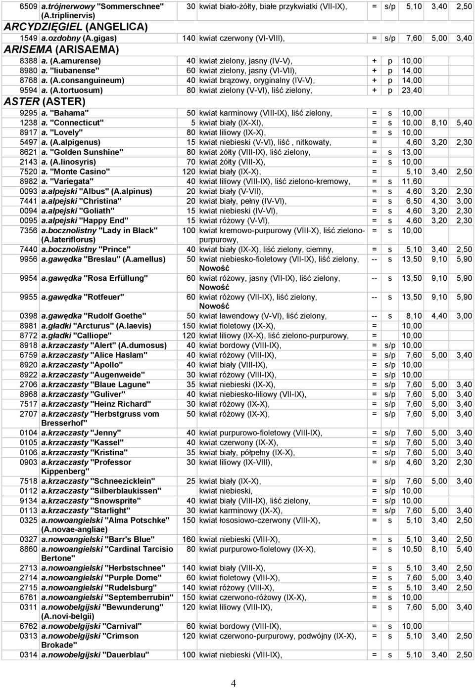 (A.tortuosum) 80 kwiat zielony (V-VI), liść + p 23,40 ASTER (ASTER) 9295 a. "Bahama" 50 kwiat karminowy (VIII-IX), liść = s 10,00 1238 a.
