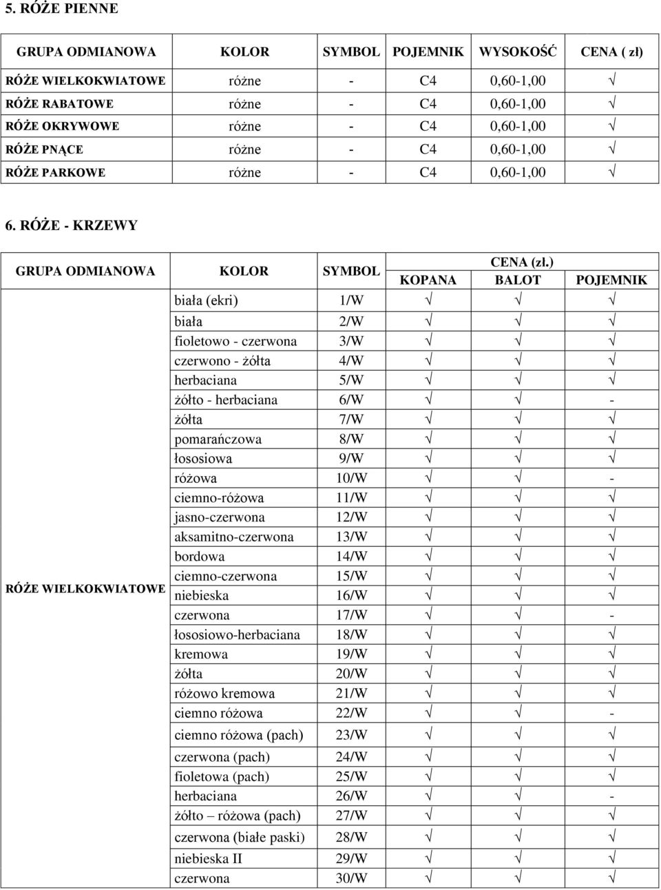 ) KOPANA BALOT biała (ekri) 1/W biała 2/W fioletowo - czerwona 3/W czerwono - żółta 4/W herbaciana 5/W żółto - herbaciana 6/W - żółta 7/W pomarańczowa 8/W łososiowa 9/W różowa 10/W - ciemno-różowa