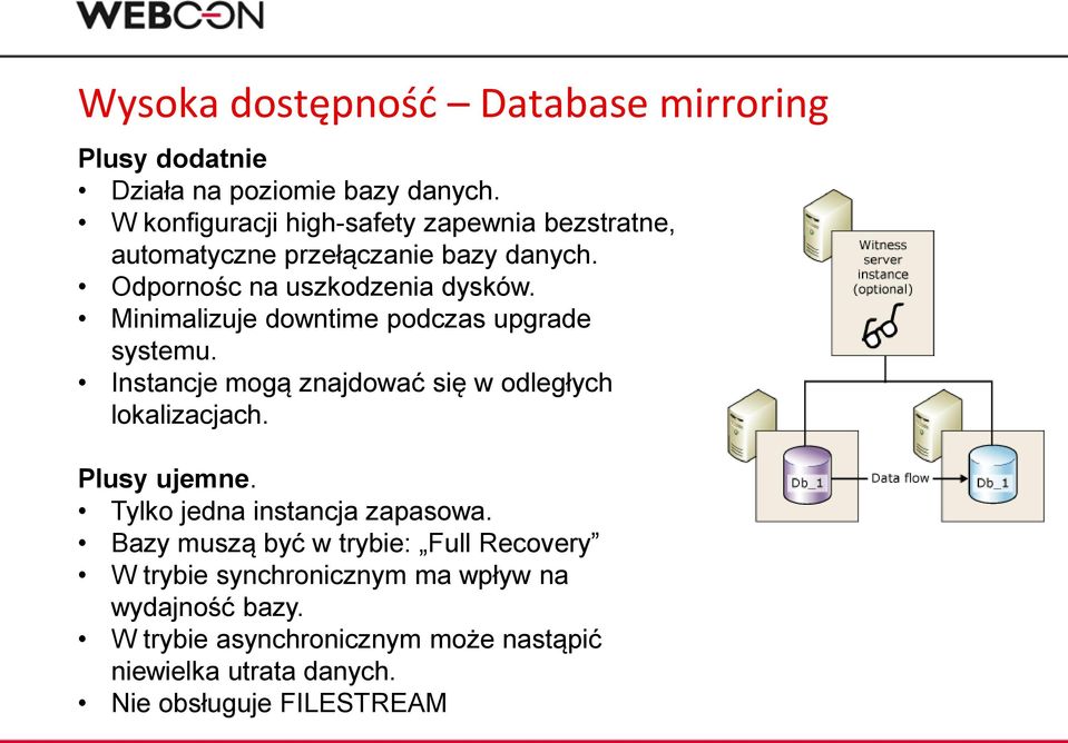 Minimalizuje downtime podczas upgrade systemu. Instancje mogą znajdować się w odległych lokalizacjach. Plusy ujemne.