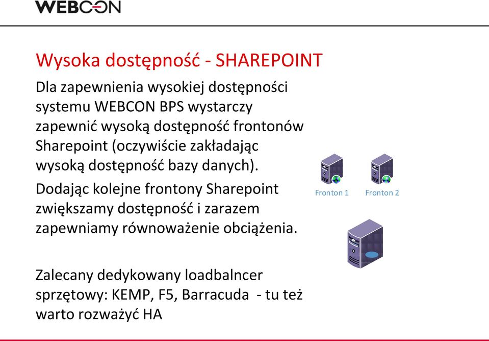 Dodając kolejne frontony Sharepoint zwiększamy dostępność i zarazem zapewniamy równoważenie obciążenia.