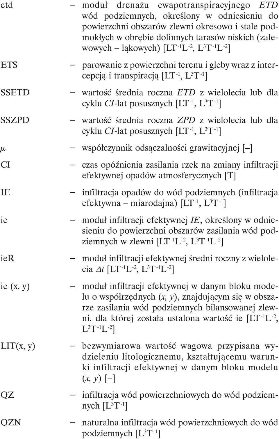 CI-lat posusznych [LT 1, L 3 T -1 ] wartość średnia roczna ZPD z wielolecia lub dla cyklu CI-lat posusznych [LT 1, L 3 T -1 ] µ współczynnik odsączalności grawitacyjnej [ ] CI IE ie ier ie (x, y)