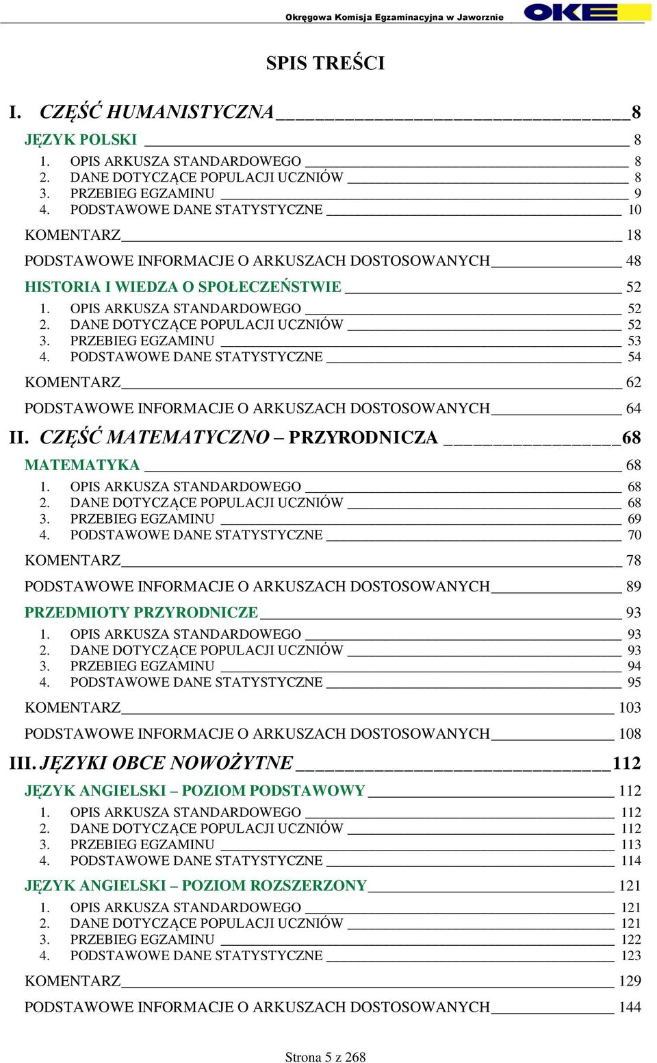 DANE DOTYCZĄCE POPULACJI UCZNIÓW 52 3. PRZEBIEG EGZAMINU 53 4. PODSTAWOWE DANE STATYSTYCZNE 54 KOMENTARZ 62 PODSTAWOWE INFORMACJE O ARKUSZACH DOSTOSOWANYCH 64 II.