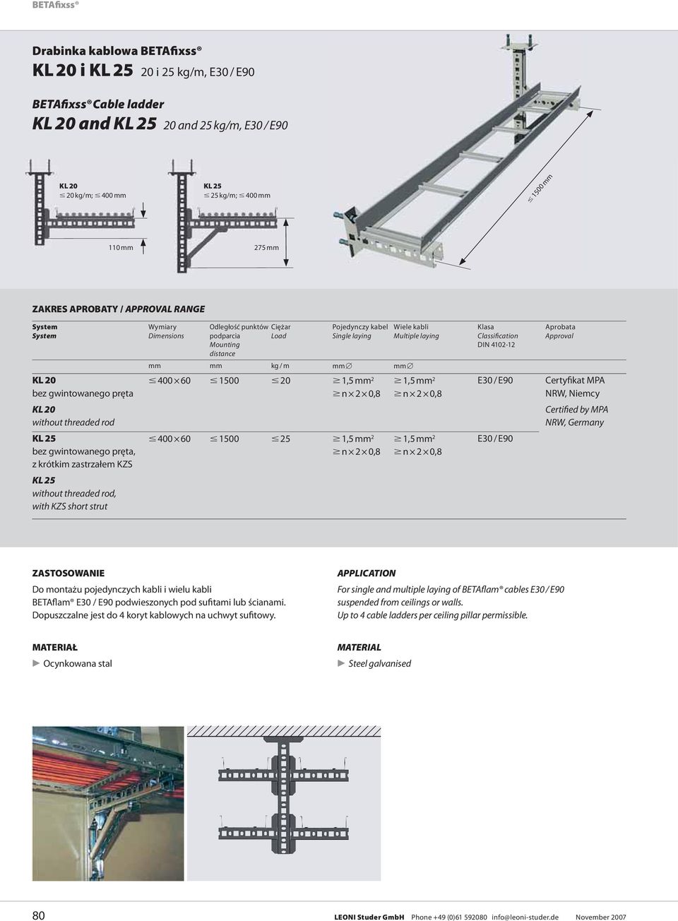 Classification DIN 4102-12 Aprobata Approval KL 20 bez gwintowanego pręta 400 60 1500 20 1,5 mm 2 1,5 mm 2 E30 / E90 Certyfikat MPA NRW, Niemcy KL 20 without threaded rod Certified by MPA NRW,