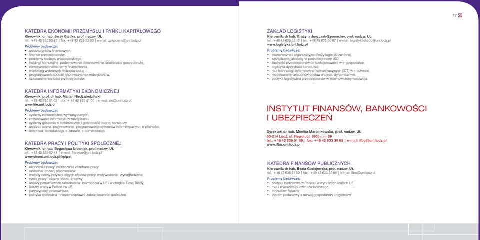finansowania, marketing wybranych rodzajów usług, programowanie działań naprawczych przedsiębiorstw, szacowanie wartości przedsiębiorstw. Zakład Logistyki Kierownik: dr hab.