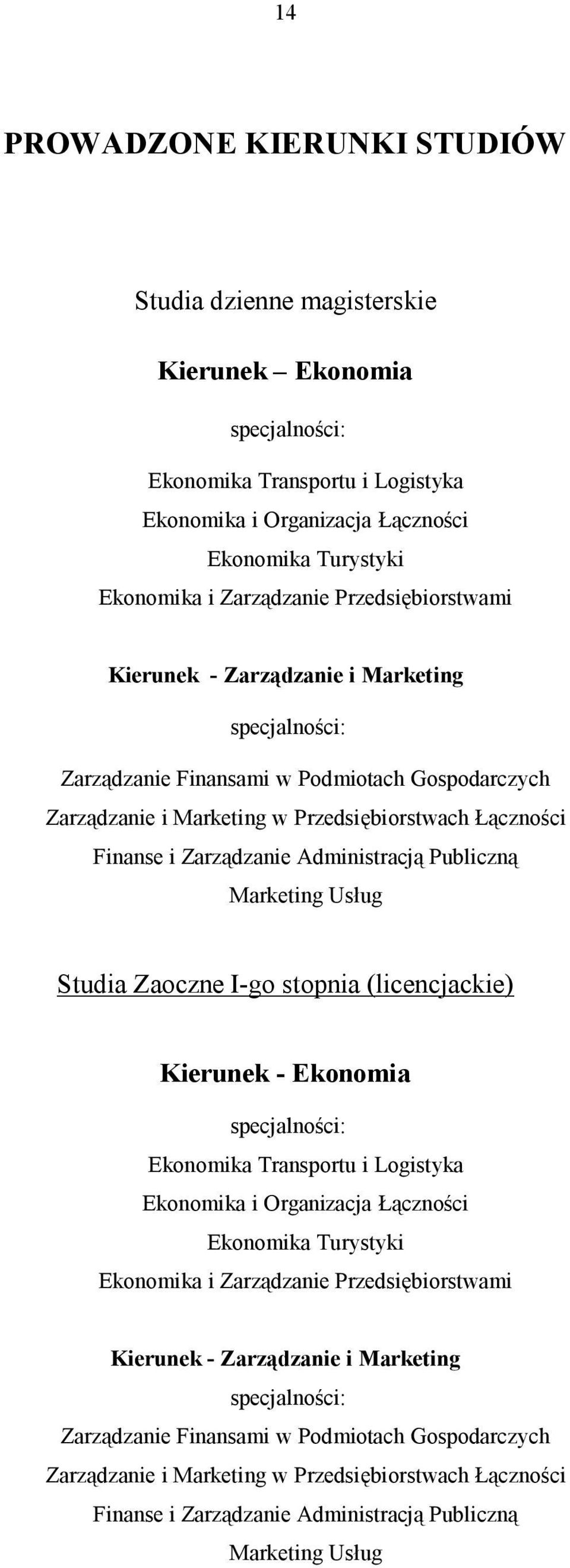 Zarządzanie Administracją Publiczną Marketing Usług Studia Zaoczne I-go stopnia (licencjackie) Kierunek - Ekonomia specjalności: Ekonomika Transportu i Logistyka Ekonomika i Organizacja Łączności