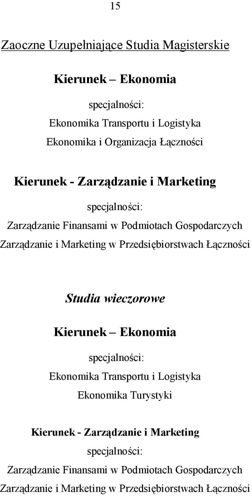 Przedsiębiorstwach Łączności Studia wieczorowe Kierunek Ekonomia specjalności: Ekonomika Transportu i Logistyka Ekonomika Turystyki