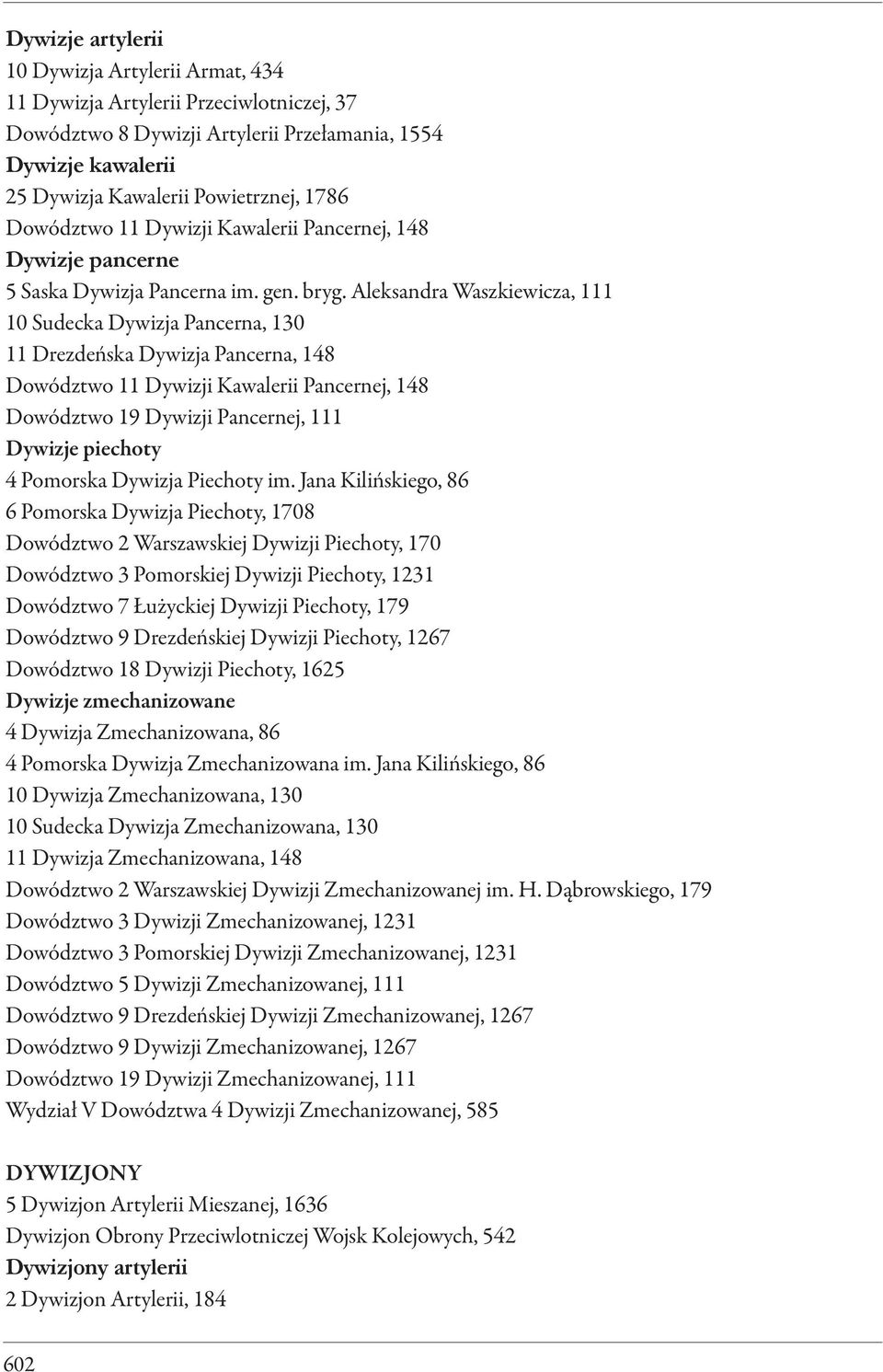 Aleksandra Waszkiewicza, 111 10 Sudecka Dywizja Pancerna, 130 11 Drezdeńska Dywizja Pancerna, 148 Dowództwo 11 Dywizji Kawalerii Pancernej, 148 Dowództwo 19 Dywizji Pancernej, 111 Dywizje piechoty 4