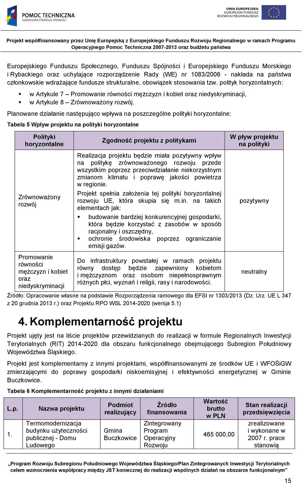 Planowane działanie następująco wpływa na poszczególne polityki horyzontalne: Tabela 5 Wpływ projektu na polityki horyzontalne Polityki horyzontalne Zrównoważony rozwój Promowanie równości mężczyzn i