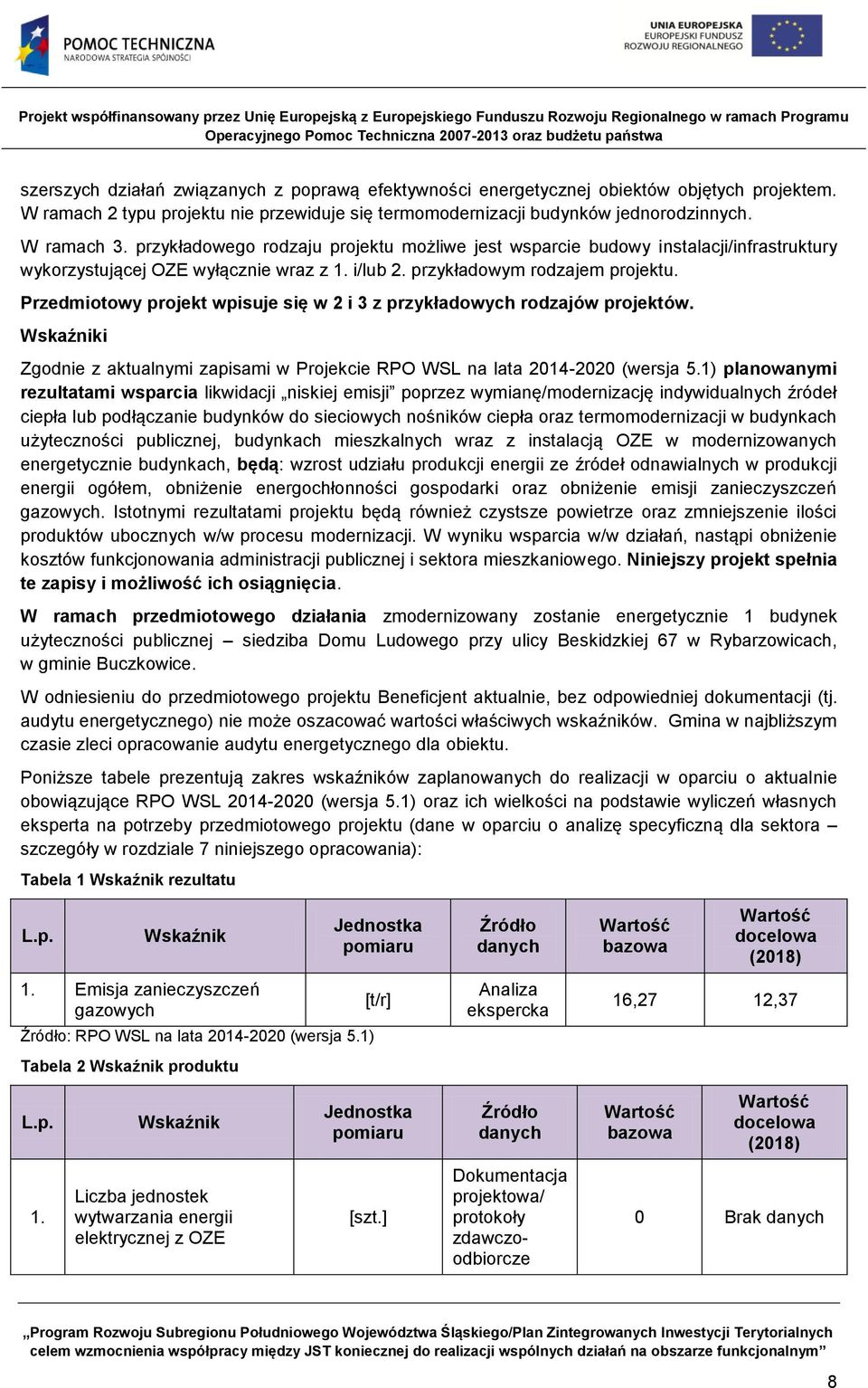 Przedmiotowy projekt wpisuje się w 2 i 3 z przykładowych rodzajów projektów. Wskaźniki Zgodnie z aktualnymi zapisami w Projekcie RPO WSL na lata 2014-2020 (wersja 5.