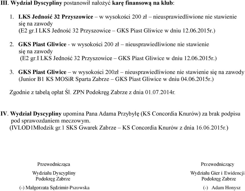 i LKS Jedność 32 Przyszowice GKS Piast Gliwice w dniu 12.06.2015r.) 3.