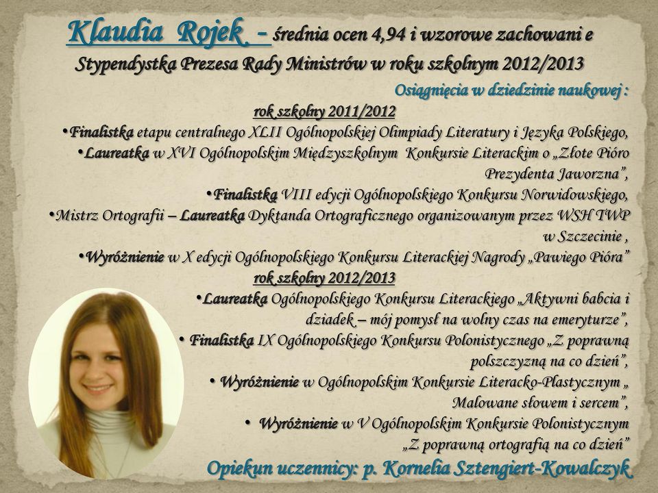 Ogólnopolskiego Konkursu Norwidowskiego, Mistrz Ortografii Laureatka Dyktanda Ortograficznego organizowanym przez WSH TWP w Szczecinie, Wyróżnienie w X edycji Ogólnopolskiego Konkursu Literackiej