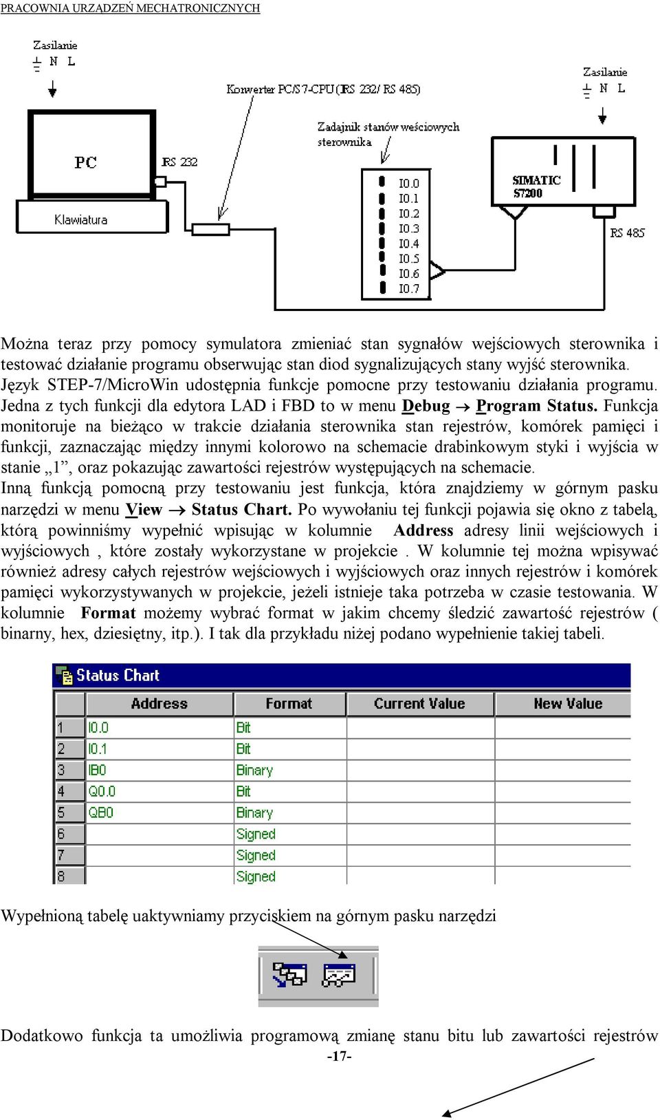 Funkcja monitoruje na bieżąco w trakcie działania sterownika stan rejestrów, komórek pamięci i funkcji, zaznaczając między innymi kolorowo na schemacie drabinkowym styki i wyjścia w stanie 1, oraz