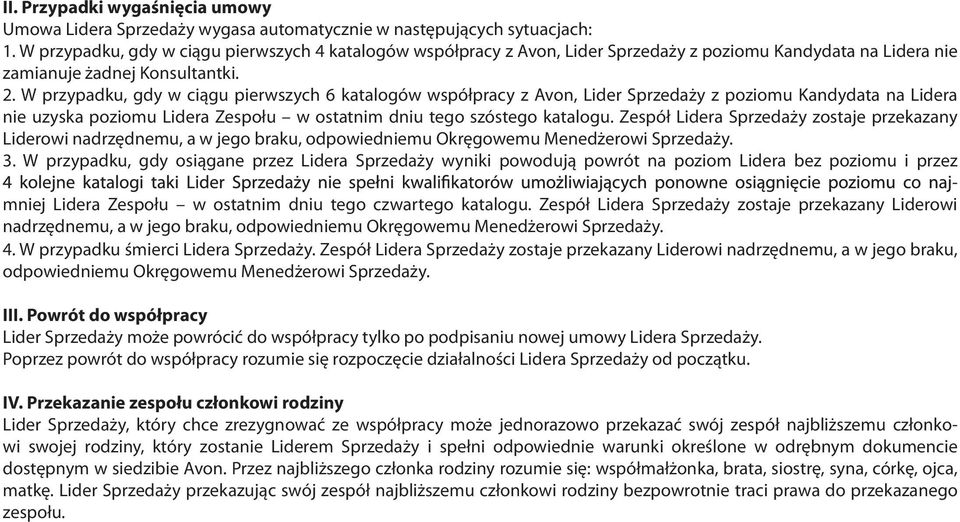 W przypadku, gdy w ciągu pierwszych 6 katalogów współpracy z Avon, Lider y z poziomu Kandydata na Lidera nie uzyska poziomu Lidera Zespołu w ostatnim dniu tego szóstego katalogu.