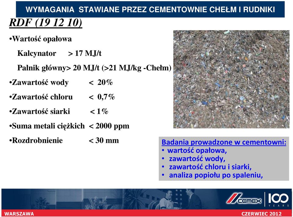 Zawartość siarki < 1% Suma metali ciężkich < 2000 ppm Rozdrobnienie < 30 mm Badania prowadzone w