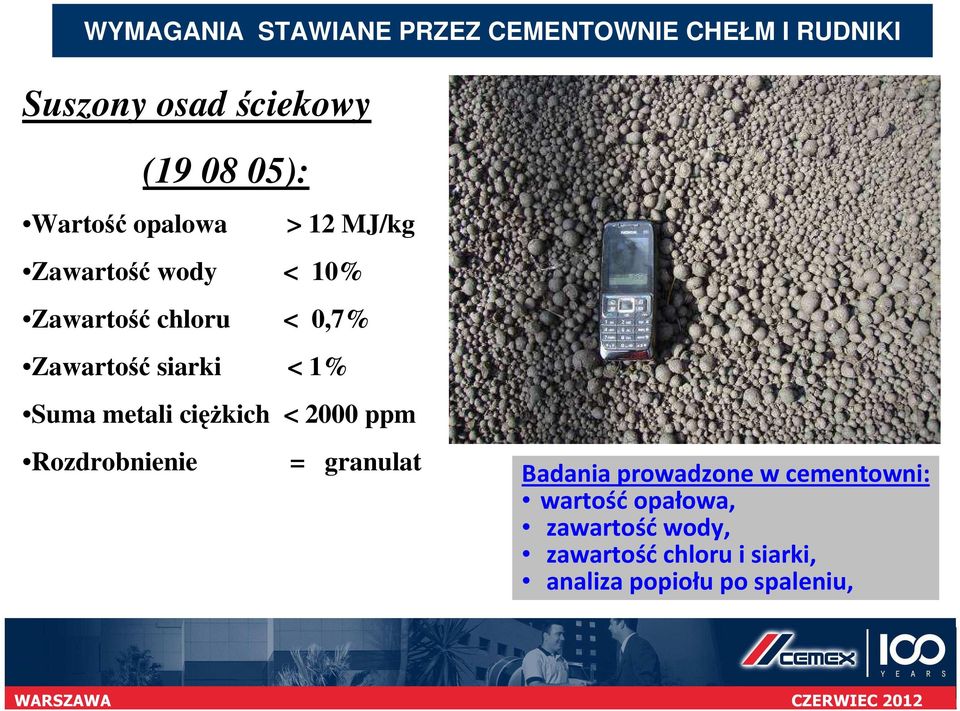 < 1% Suma metali ciężkich < 2000 ppm Rozdrobnienie = granulat Badania prowadzone w