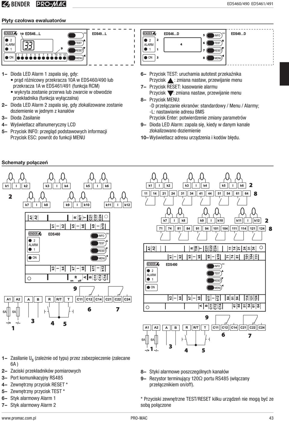 informacji Przycisk ESC: powrót do funkcji MENU 6 Przycisk TEST: uruchamia autotest przekaźnika Przycisk : zmiana nastaw, przewijanie menu 7 Przycisk RESET: kasowanie alarmu Przycisk : zmiana nastaw,