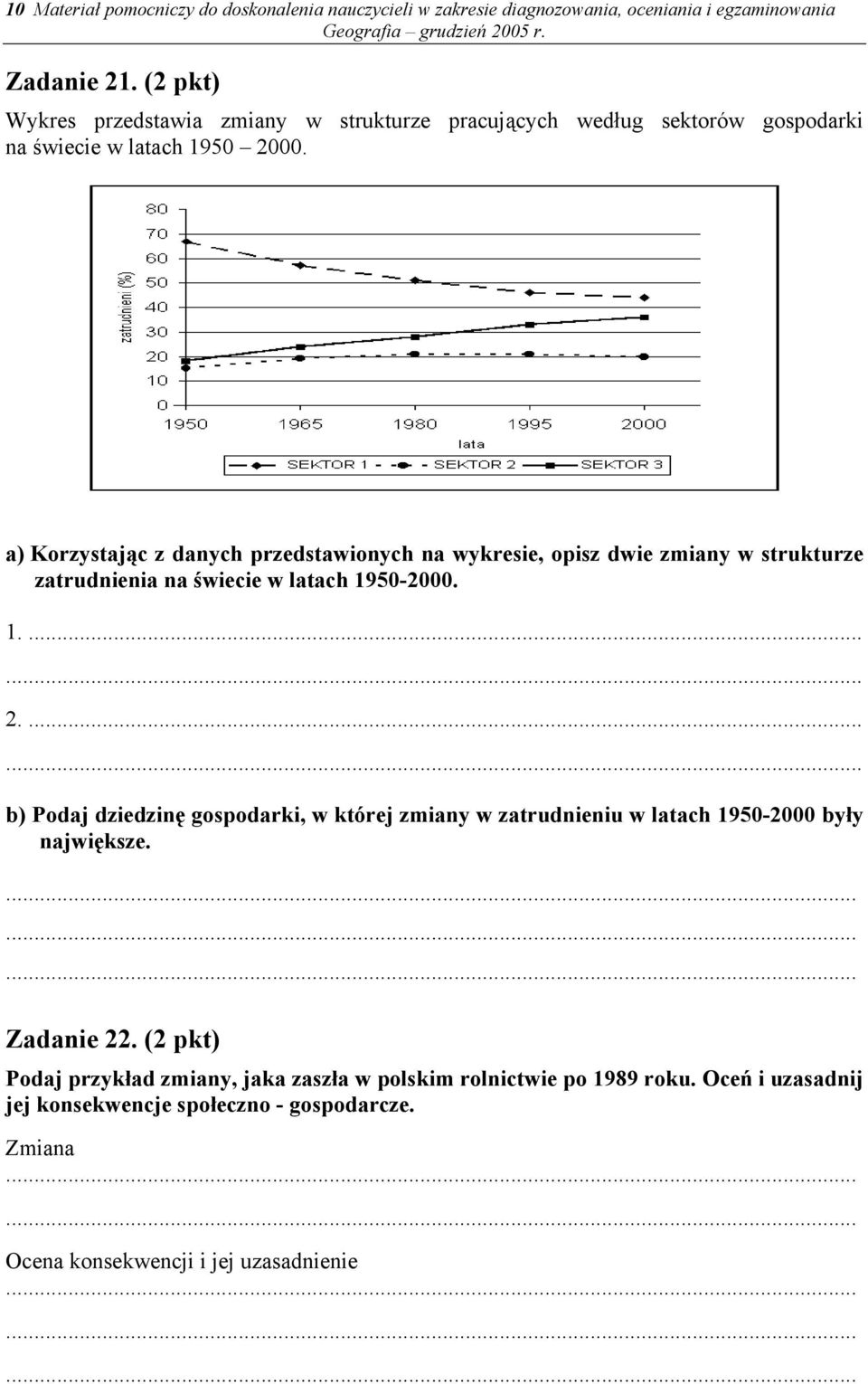 a) Korzystając z danych przedstawionych na wykresie, opisz dwie zmiany w strukturze zatrudnienia na świecie w latach 1950-2000.