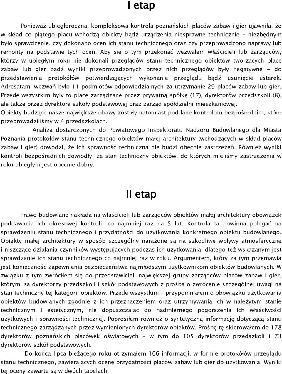 Aby się o tym przekonać wezwałem właścicieli lub zarządców, którzy w ubiegłym roku nie dokonali przeglądów stanu technicznego obiektów tworzących place zabaw lub gier bądź wyniki przeprowadzonych