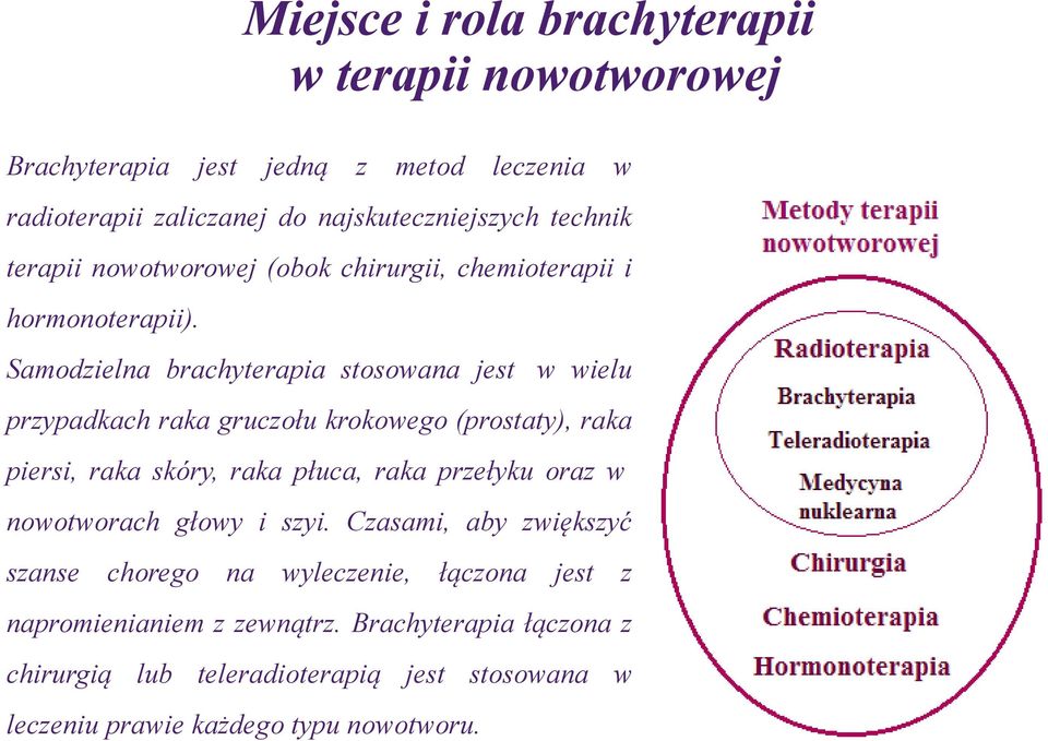 Samodzielna brachyterapia stosowana jest w wielu przypadkach raka gruczołu krokowego (prostaty), raka piersi, raka skóry, raka płuca, raka przełyku oraz