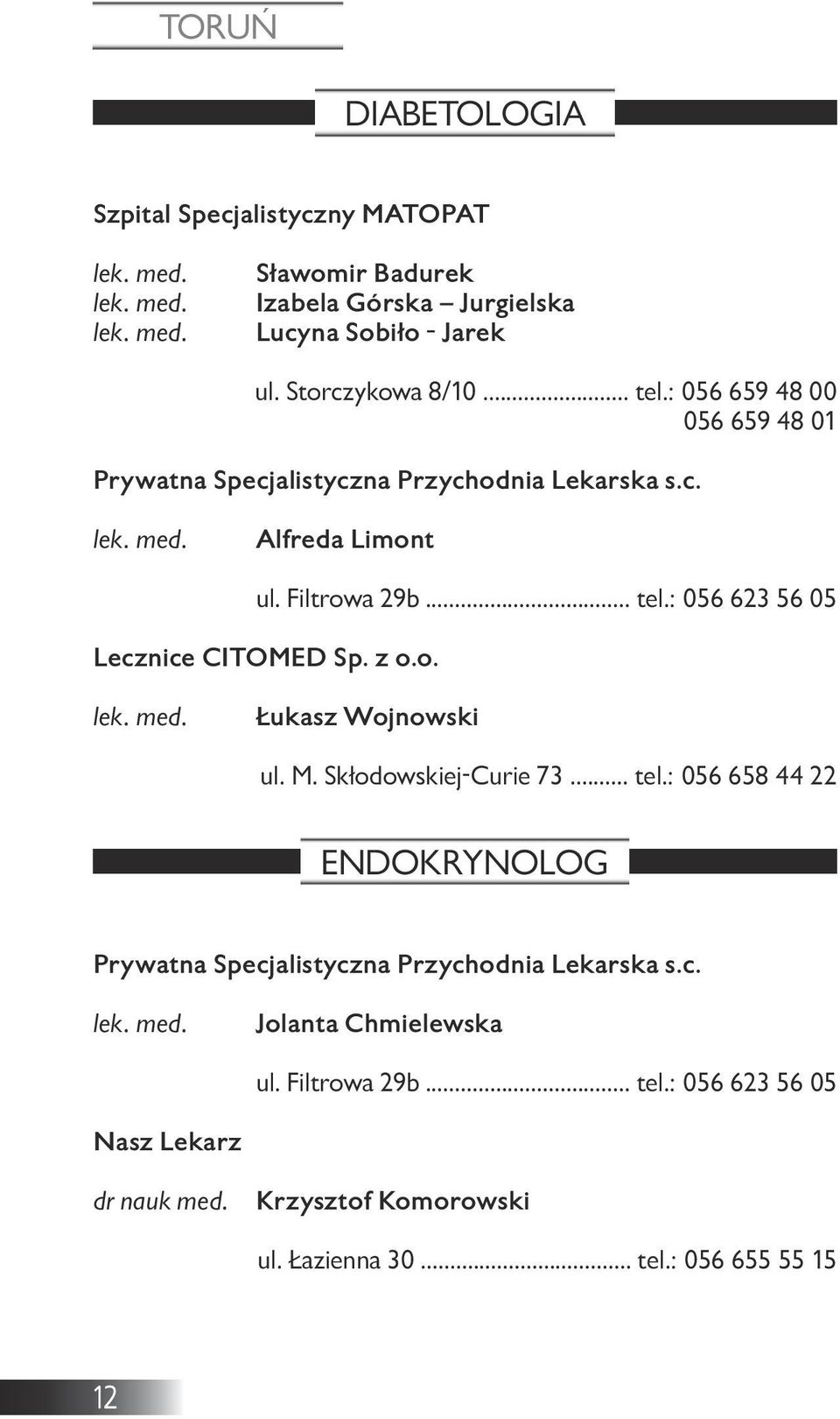 : 056 623 56 05 Lecznice CITOMED Sp. z o.o. Łukasz Wojnowski ul. M. Skłodowskiej-Curie 73... tel.