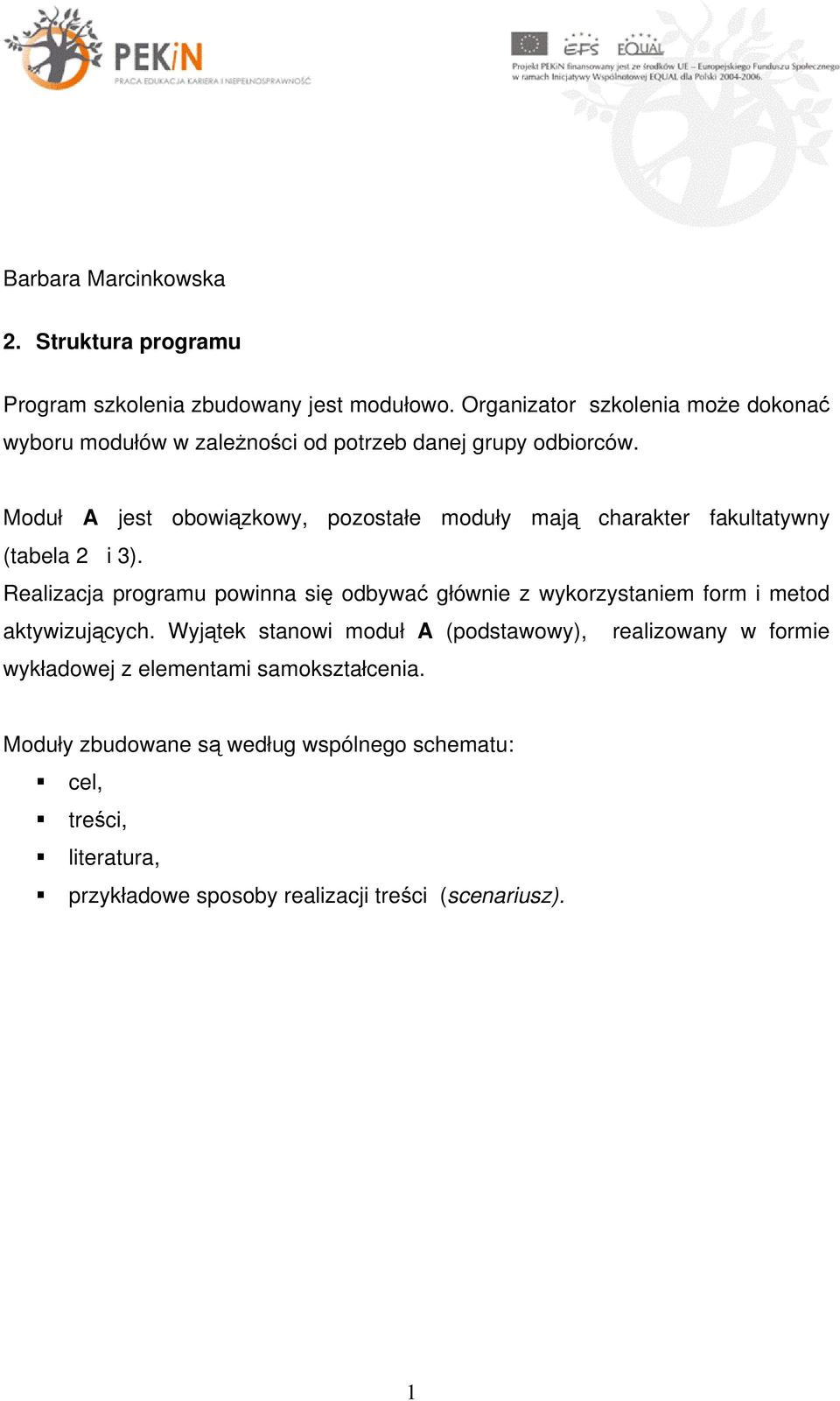 Moduł A jest obowiązkowy, pozostałe moduły mają charakter fakultatywny (tabela 2 i 3).